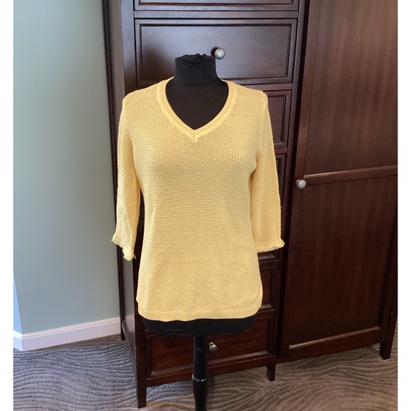 Talbot's Yellow Cotton Knit Sweater Tunic V Neck Textured Fringe Sleeve NWTS - Picture 2 of 6